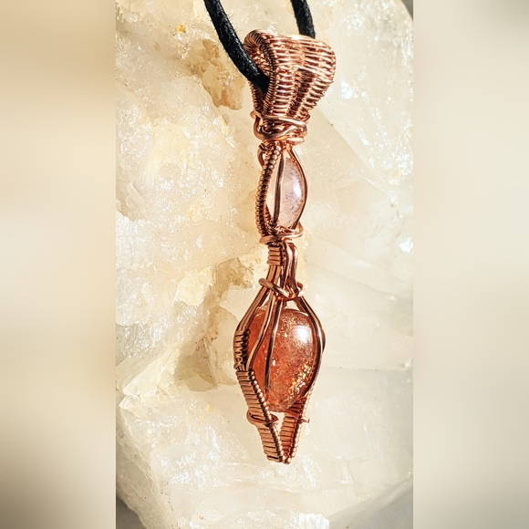 Luminous Sunstone Amulet Necklace Iridescent Moonstone Handmade Copper Frame - Picture 12 of 13